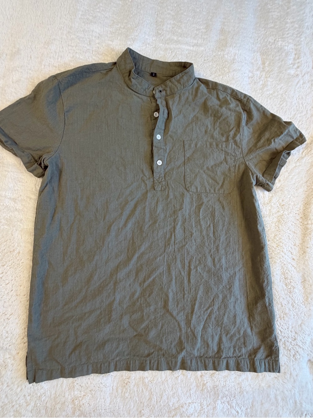 Men's Olive Short-Sleeve Grandad Collar Polo linen cotton S